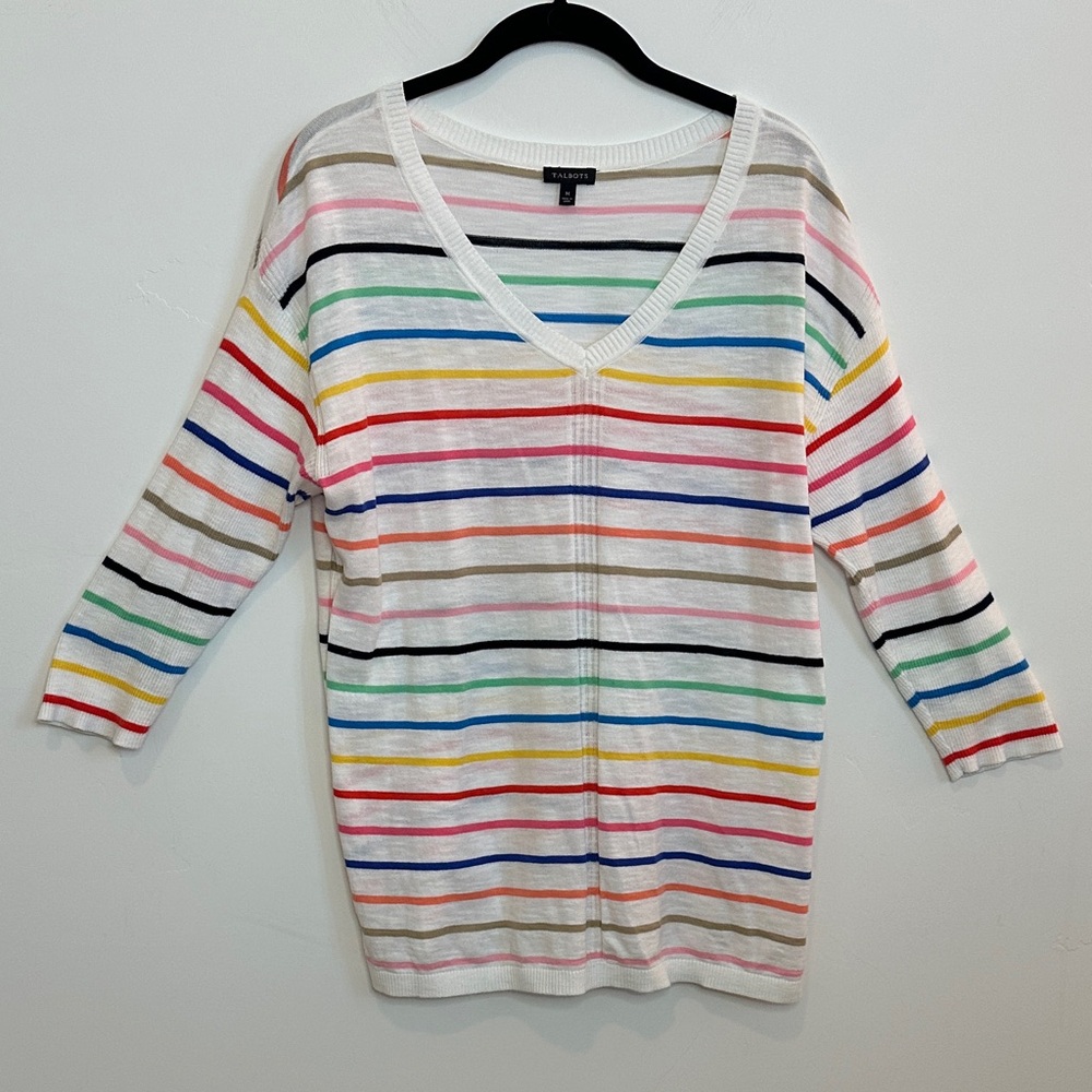Talbots Multicolor Striped Knit V-neck Cotton Sweater Drop Sleeve Size Medium